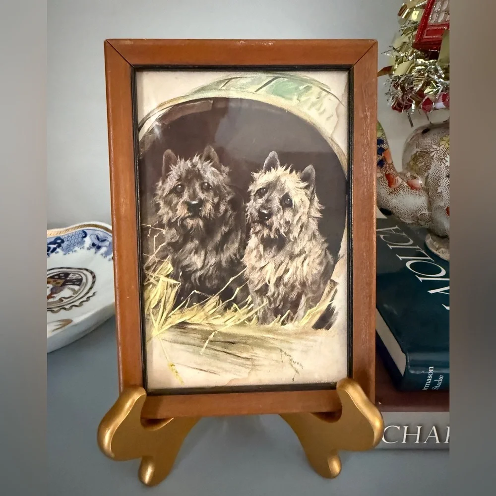 Miniature Vintage Terrier Dogs Drawing in Wood Frame - Picture 4 of 6